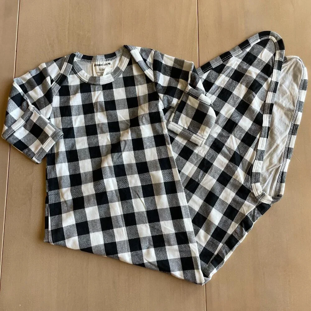 Spearmint Love‎ Bamboo Baby Black White Checkered Newborn Knotted Gown